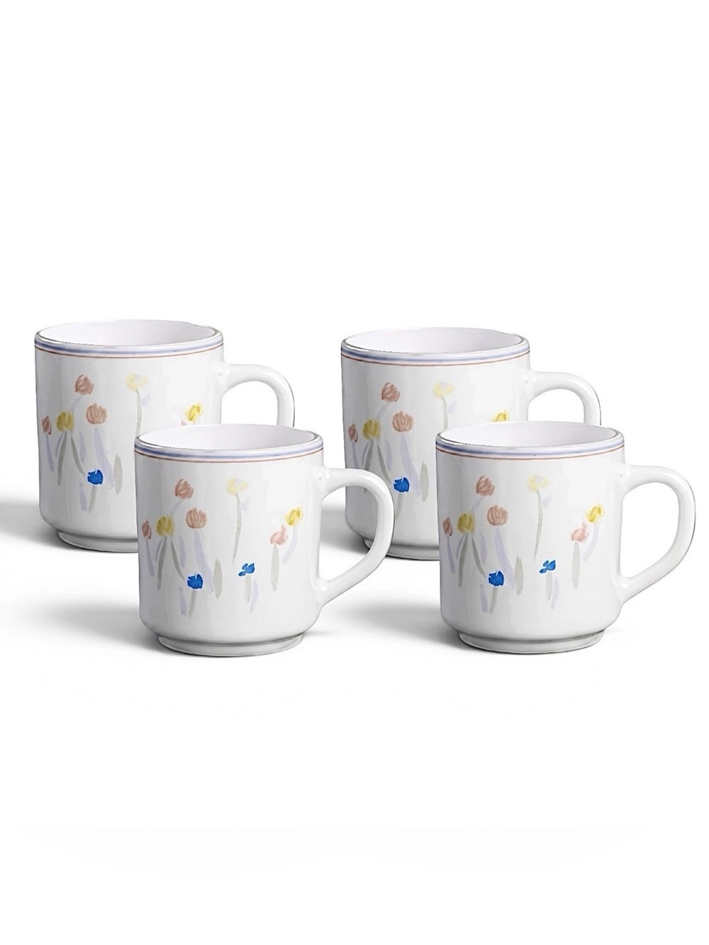 Arcopal France Milk Glass Mug Pastoral Pattern  Pink Yellow Blue Floral Set of 4